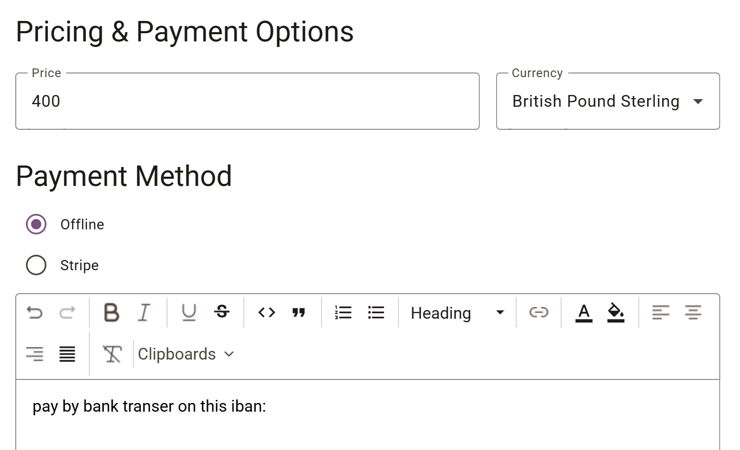 Configure Pricing & Payment Options screenshot